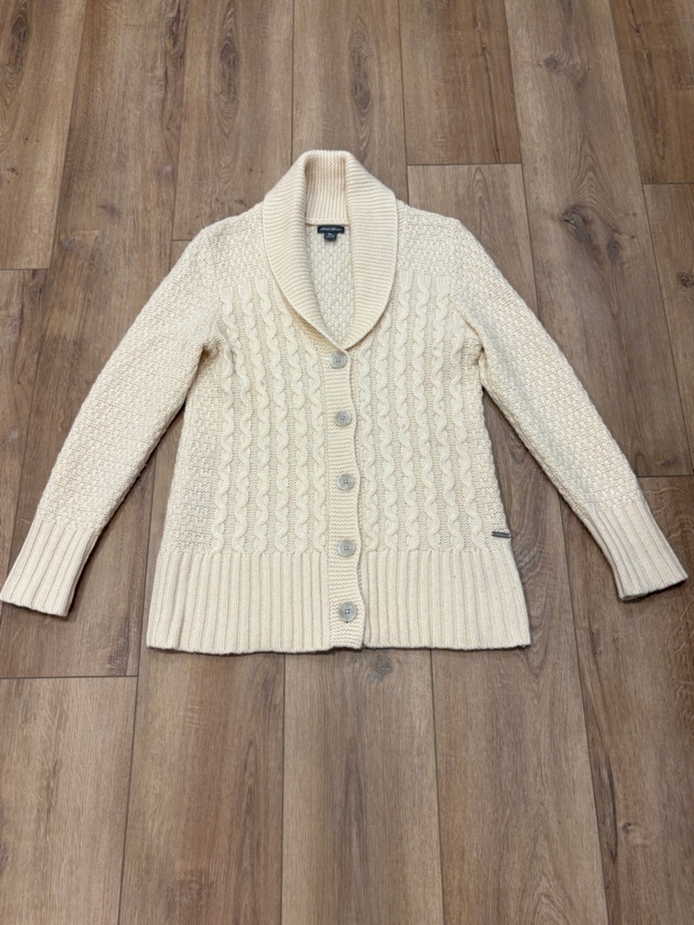 🌟EDDIE BAUER🌟 SHAWL COLLAR CABLE KNIT LAMBS WOOL CARDIGAN SWEATER IVORY SZ M